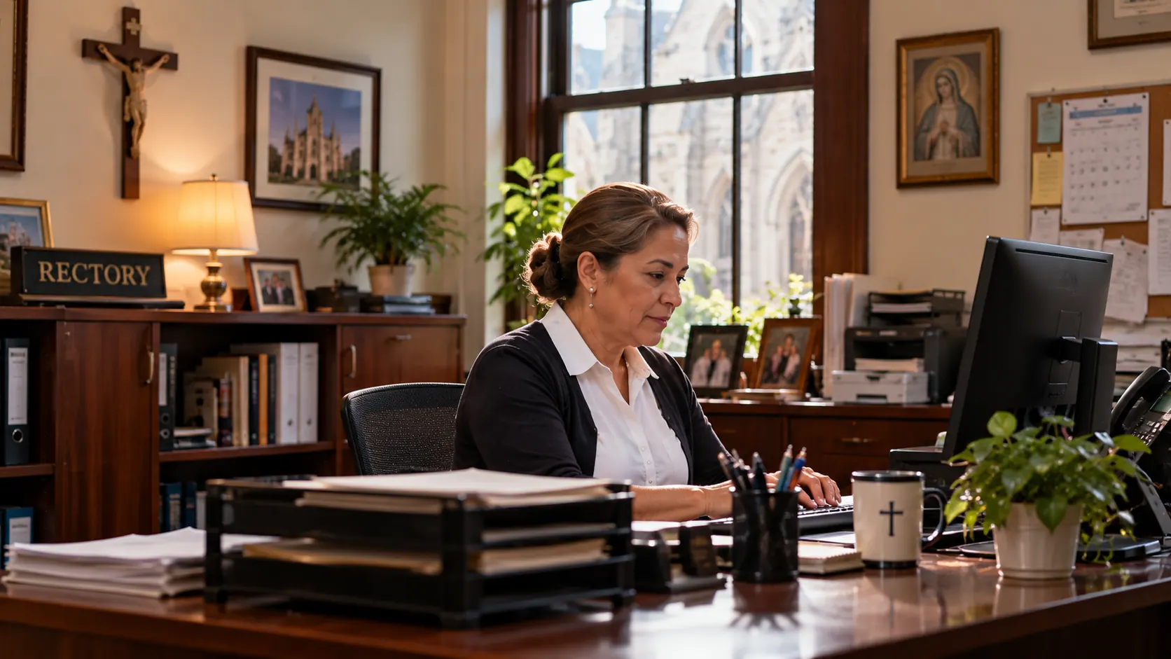 The parish secretary works at her desk in the rectory, processing the request on the computer.