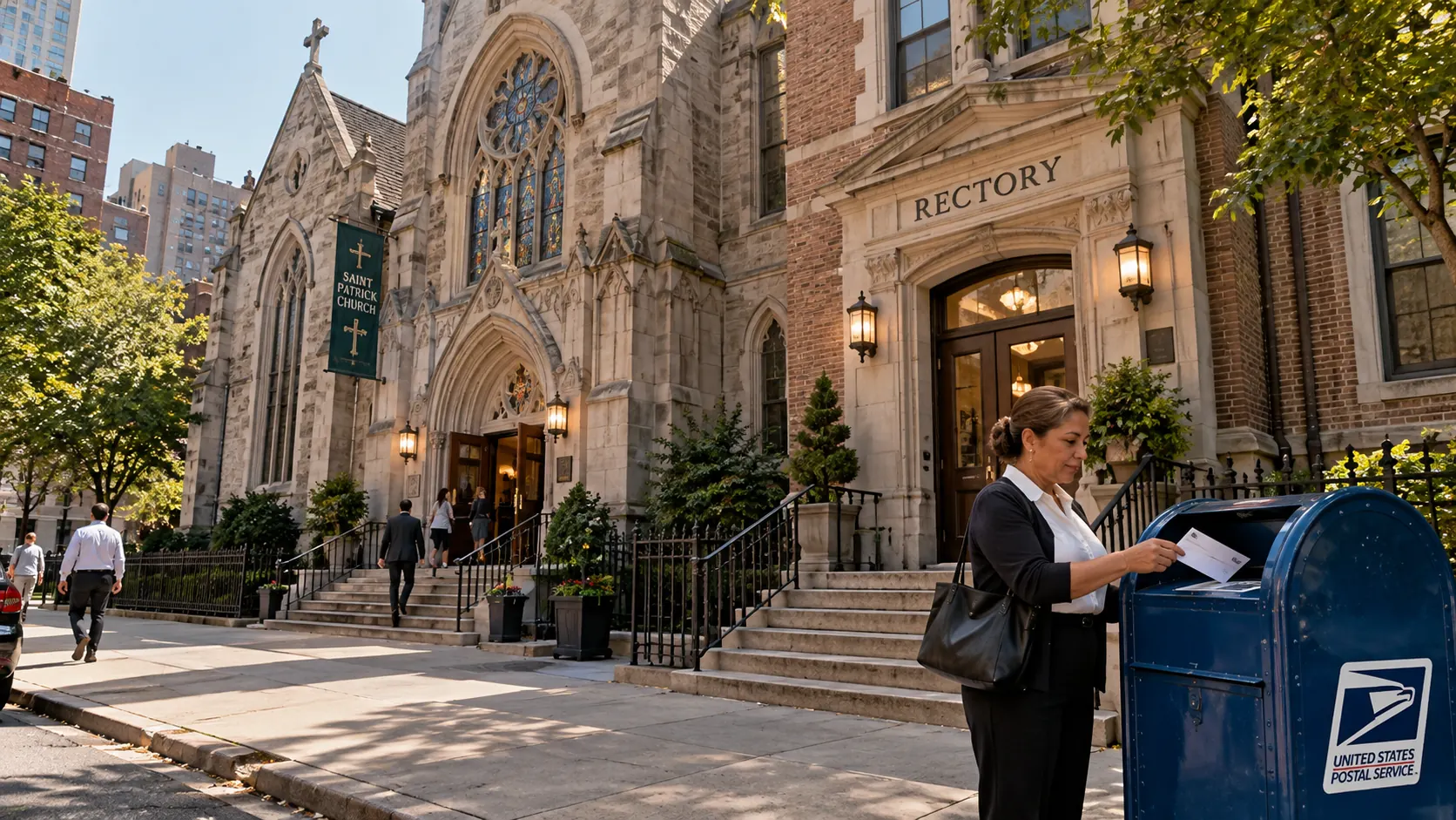 In front of the church and the rectory, the secretary drops the envelope with the document into a postal mailbox.