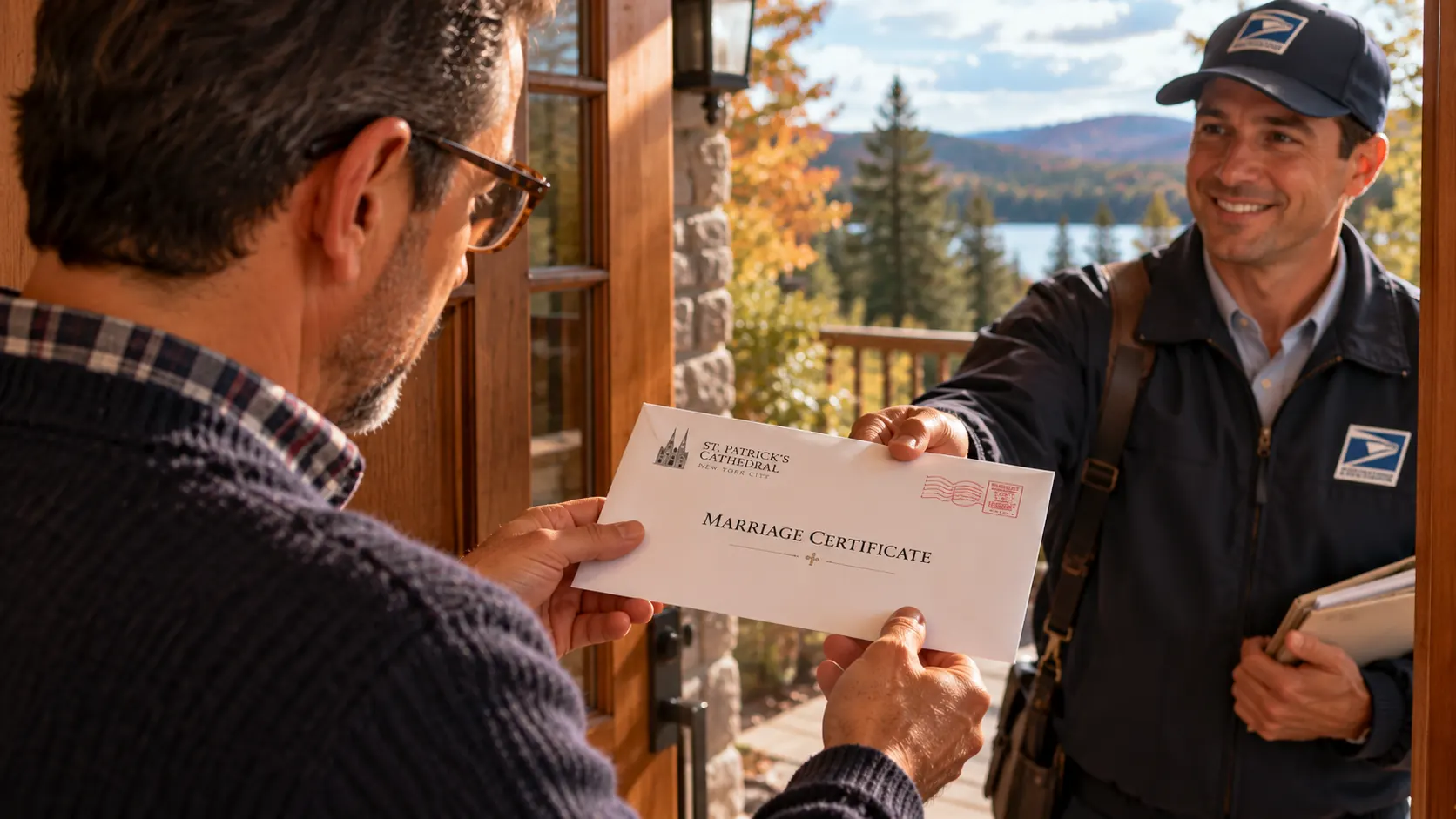 At his front door, a man receives the envelope with his marriage certificate from the mail carrier.